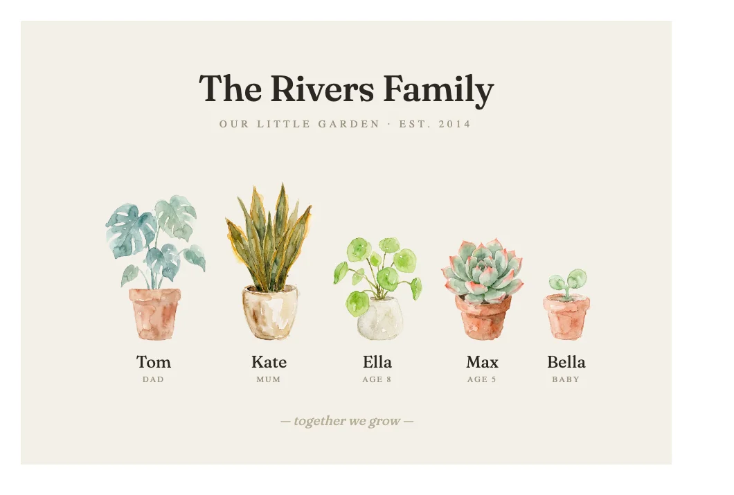 Example print: The Rivers Family, five house plants of different sizes on a shelf